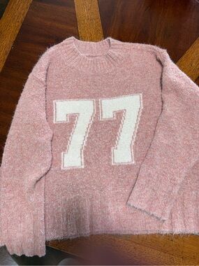 American Eagle Pink Fuzzy Varsity 77 Crewneck Sweater Large
